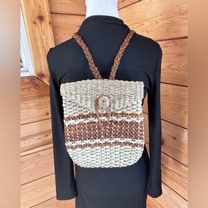 Vintage Woven Straw Mini Backpack Boho Cottagecore Coastal Summer Rattan Basket